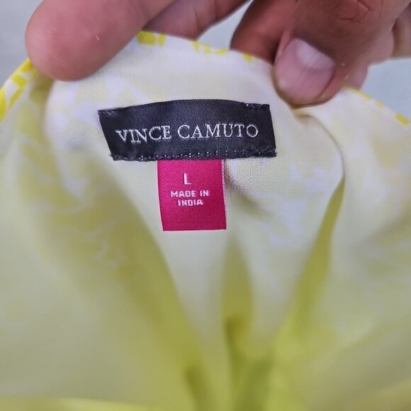 Vince Camuto Printed V-Neck Spaghetti Strap Midi Dress Womens L Bright Lemon - Picture 10 of 10